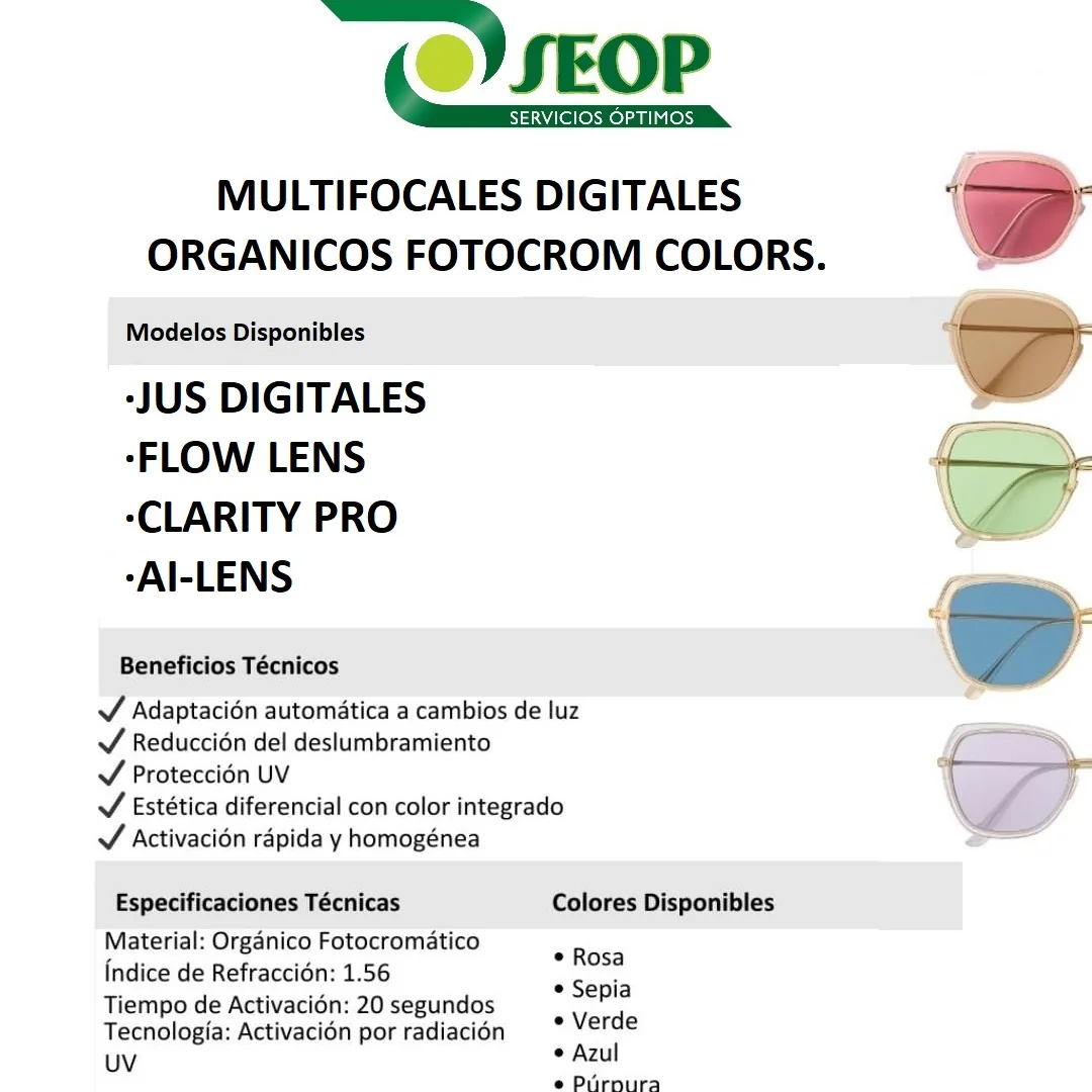 Multifocales digitales orgánicos Fotocrom Colors - modelos JUS
