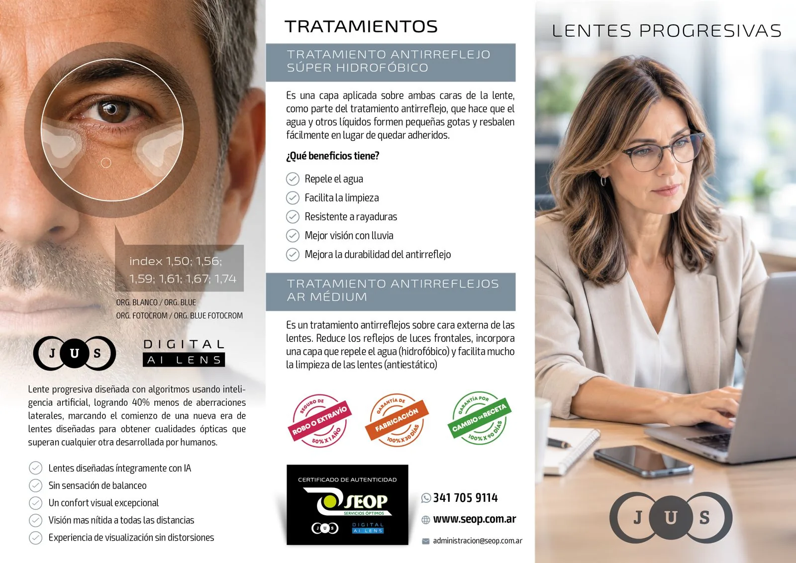 JUS Digital AI Lens, tratamientos antirreflejo y garantías SEOP